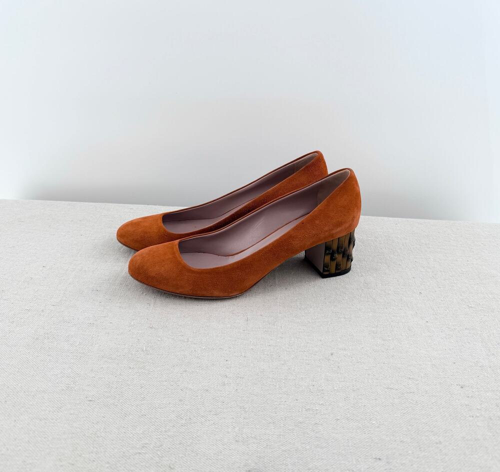 Gucci Suede Slip On Bamboo Texture Block Heel Pumps Orange Women's EU 40